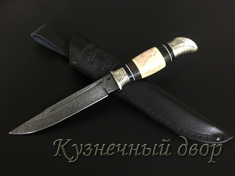 Нож "НКВД"  сталь- дамаск, рукоять- наборная из ценных пород дерева, мельхиоровое литье с символикой НКВД.