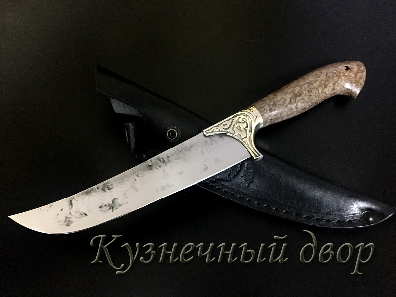 Нож "Узбек" сталь- 9ХС, рукоять- мельхиор, стабилизированная карельская береза. 