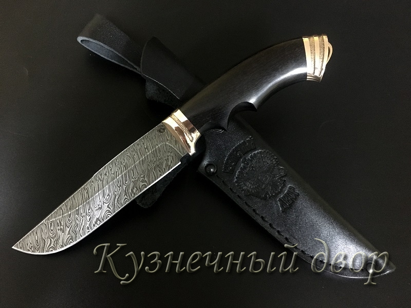 Нож "Охота" сталь- дамаск, рукоять- художественное литье из бронзы, черный граб. 