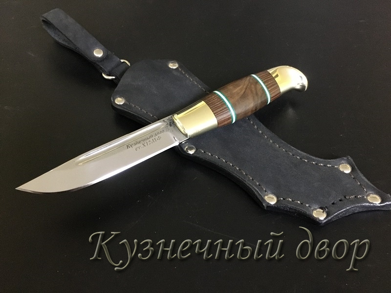 Нож финский, сталь- Х12МФ, рукоять наборная- латунь, дерево.  Артикул 00124. 