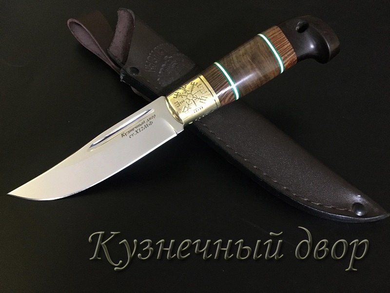 Нож финский, сталь- Х12МФ, рукоять наборная- латунь, дерево.  Артикул 00125.