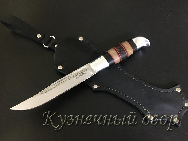 Нож финский, сталь- Х12МФ, рукоять наборная- мельхиор, дерево.  Артикул 00129.