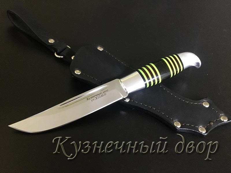 Нож финский, сталь- Х12МФ, рукоять наборная- мельхиор, оргстекло.  Артикул 00142.
