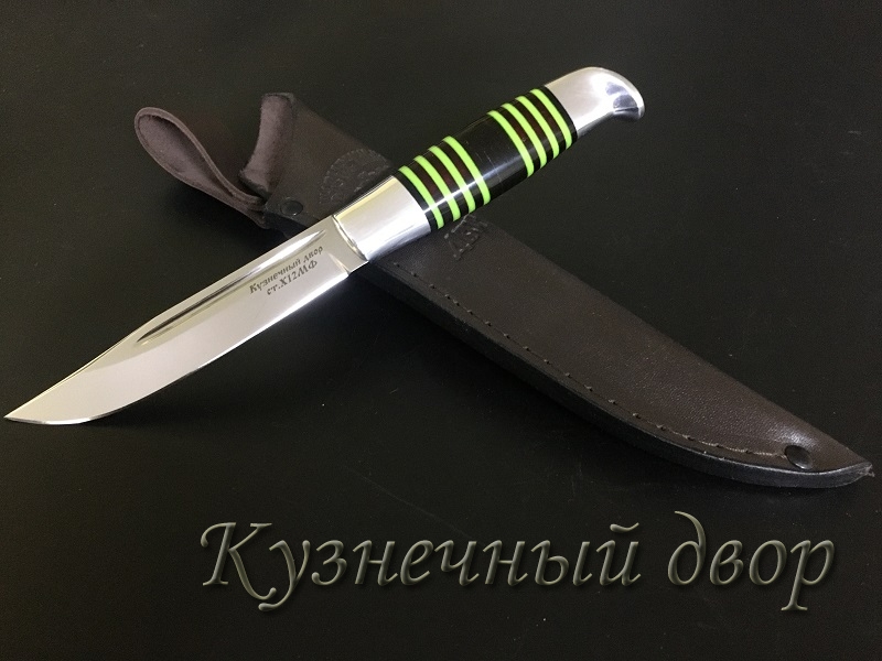Нож финский, сталь- Х12МФ, рукоять наборная- мельхиор, оргстекло.  Артикул 00143.