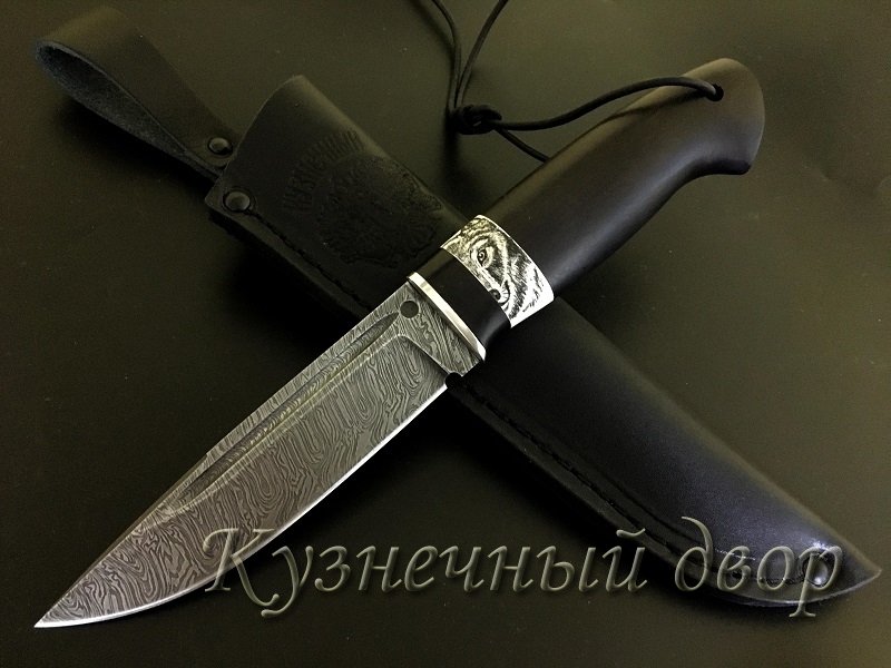 Нож "Бекас"  сталь- дамаск, рукоять-мельхиор, черный граб, кость с художественным оформлением.