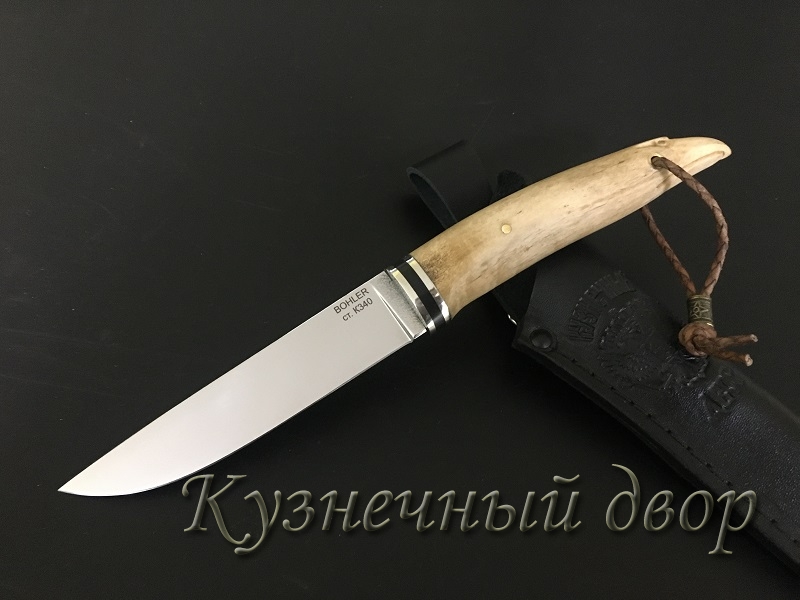 Нож "Грибник" сталь- BOHLER К 340, рукоять-мельхиор, кость с художественной резьбой.