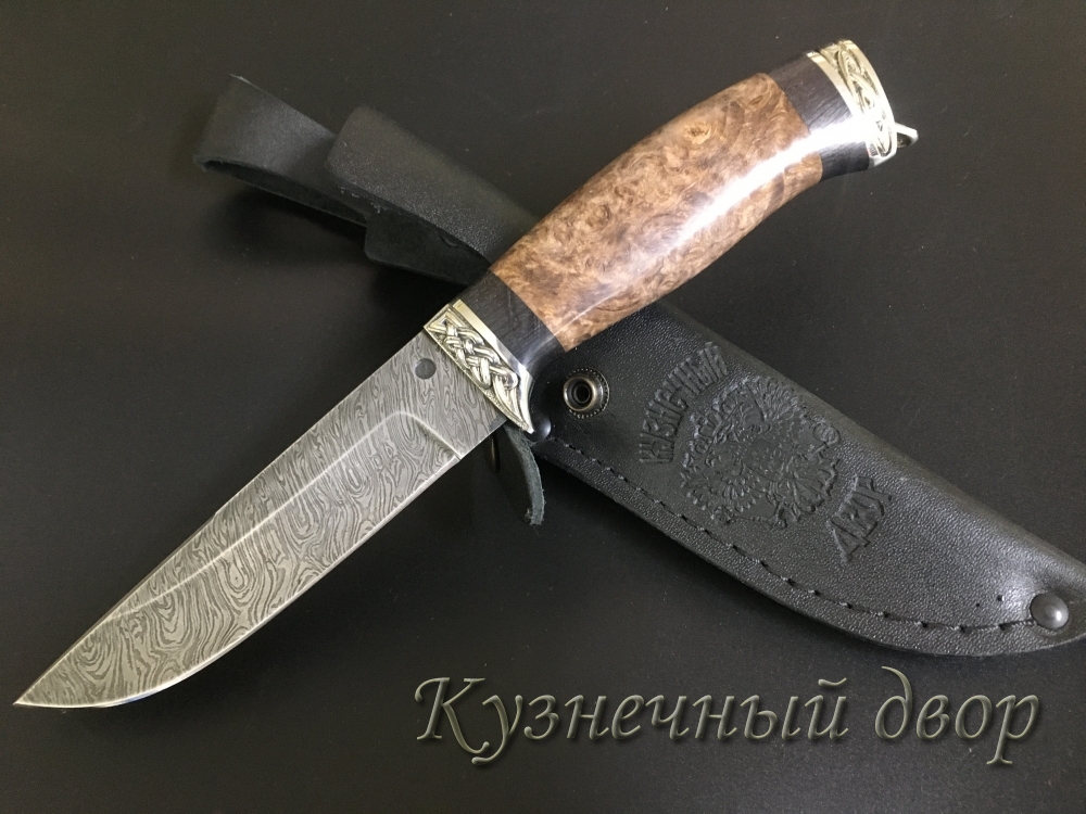 Нож "Койот"  сталь- дамаск, рукоять- художественное литье из мельхиора, карельская береза.