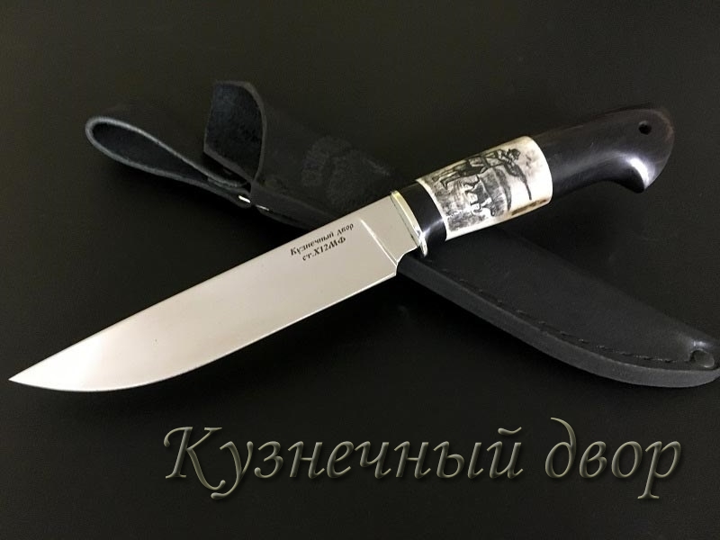 Нож "Кайман" сталь -Х12МФ кованая, рукоять- мельхиор, рог лося с худ.оформлением, черный граб. 