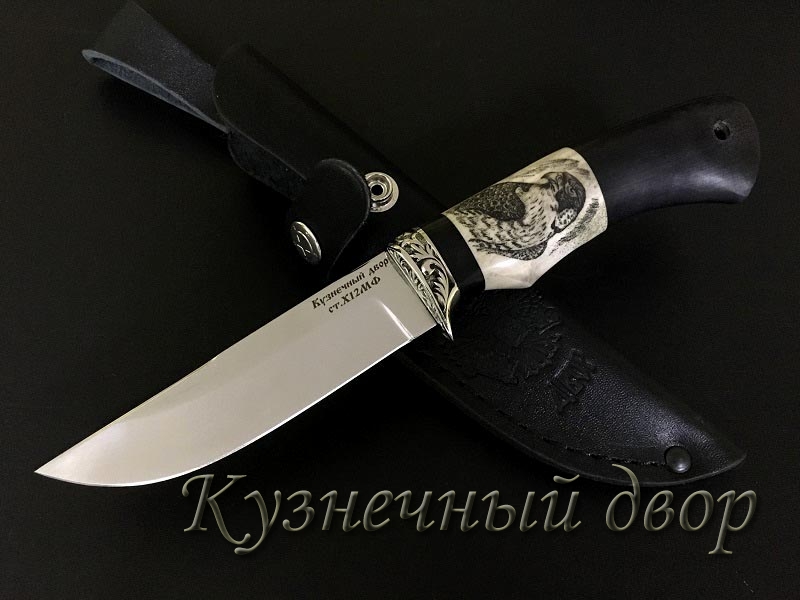 Нож "Овод" сталь -Х12МФ кованая, рукоять- мельхиор, рог лося с худ.оформлением, черный граб.