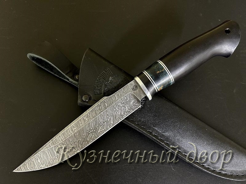Нож "Беркут" сталь- дамаск, рукоять- мельхиор, карельская береза, черный граб. 