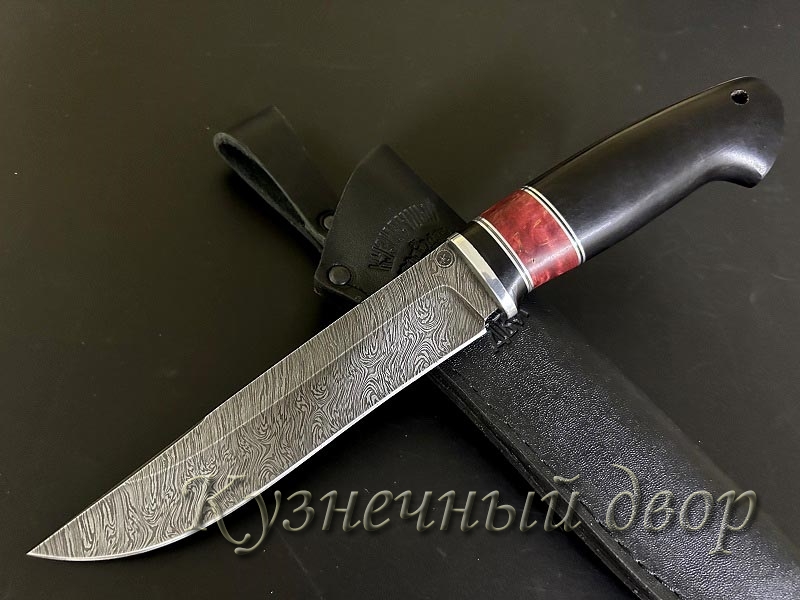 Нож "Путник" сталь- дамаск, рукоять- мельхиор, карельская береза, черный граб. 