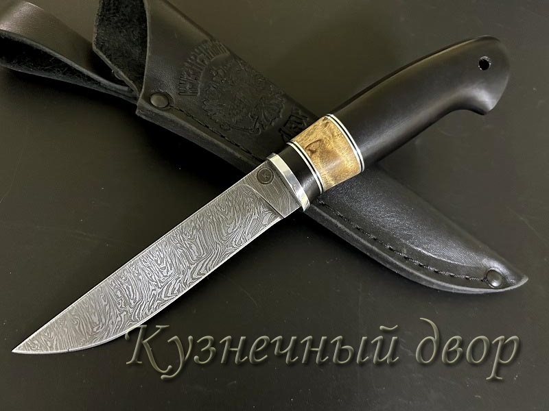 Нож "Грибник" сталь- дамаск, рукоять- мельхиор, карельская береза, черный граб.