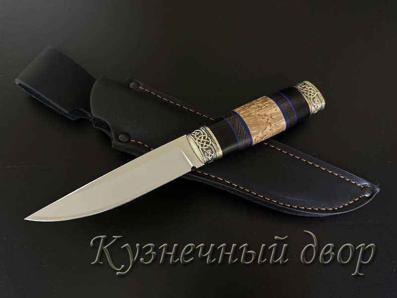 Нож "Финский"  сталь-Х12МФ кованая, рукоять- наборная из ценных пород дерева, художественное литье из мельхиора.