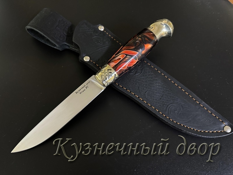 Нож "Грибник"  сталь- D2, рукоять- художественное литье из латуни, акрил.