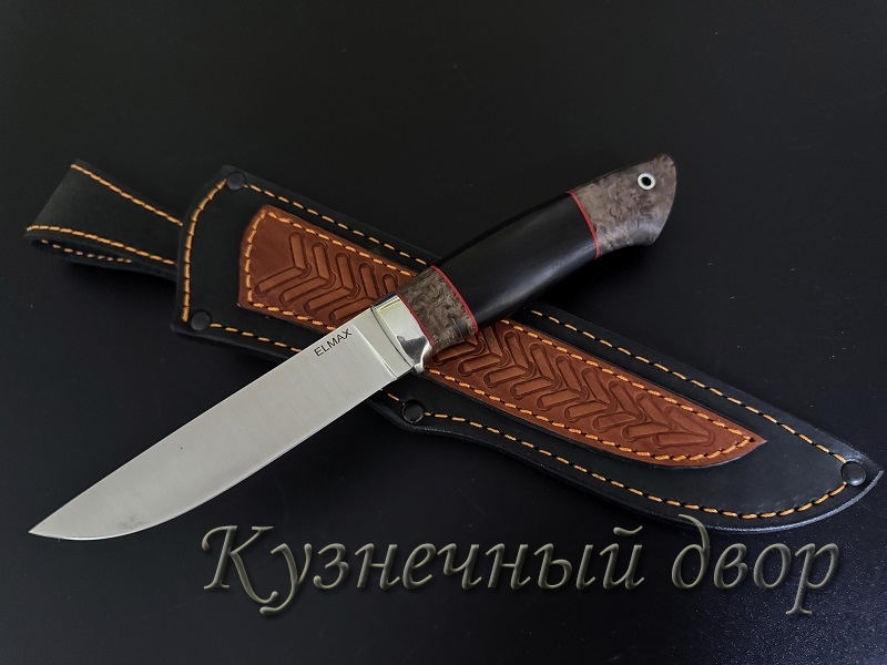 Нож "Грибник" сталь-ELMAX, рукоять-мельхиор, карельская береза, черный граб.