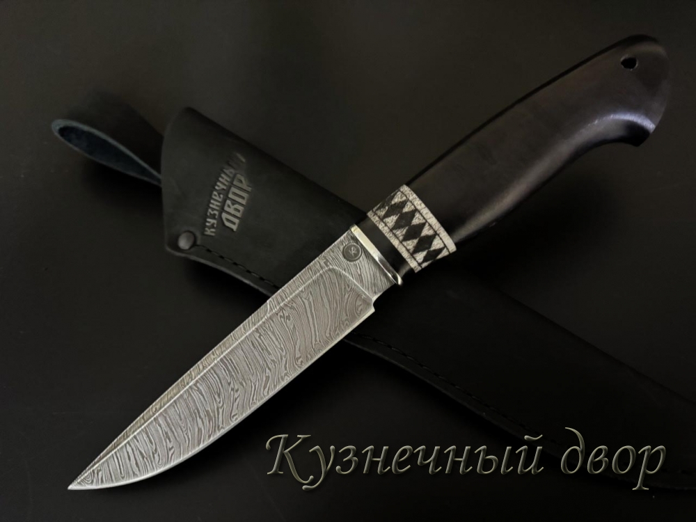 Нож "Зной",  сталь- дамаск, рукоять-мельхиор, черный граб, кость с художественным оформлением. 