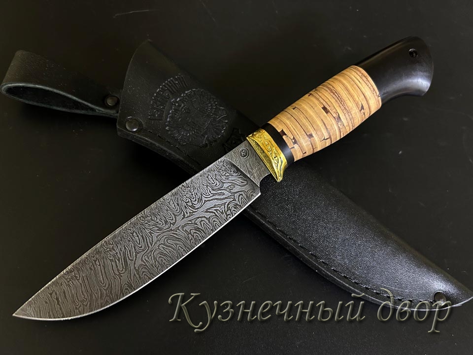 Нож "Ягуар" сталь- дамаск, рукоять- латунь, береста, черный граб.