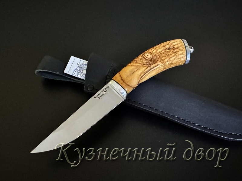 Нож "Финский. Птица.", сталь- D2 , рукоять- мельхиор, кость с художественным оформлением.