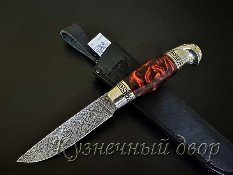 Нож "Грибник". Сталь- дамаск, рукоять- художественное литье из мельхиора, акрил.