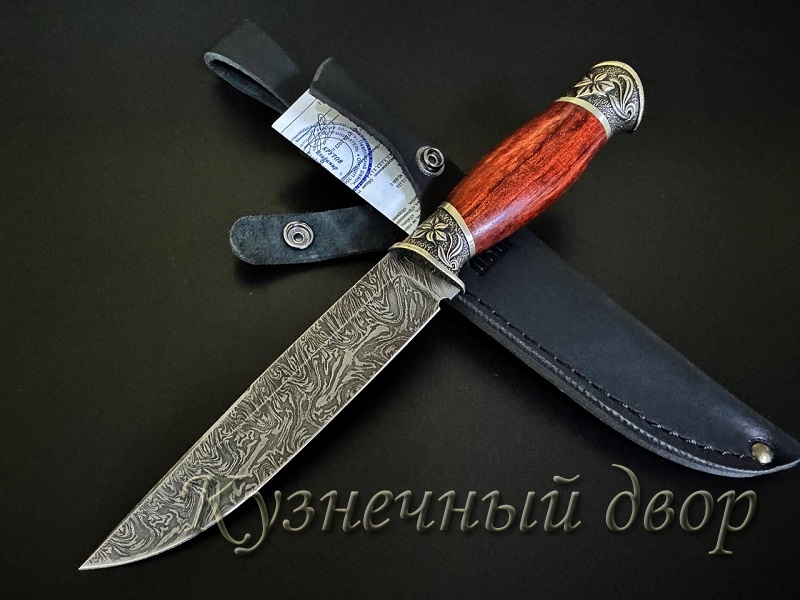 Нож "Засапожный. Сталь- дамаск, рукоять- художественное литье из мельхиора, бубинга помеле.