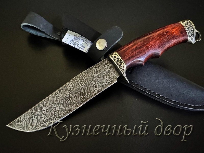 Нож "Охота".  Сталь- дамаск, рукоять- художественное литье из мельхиора, бубинга помеле. 