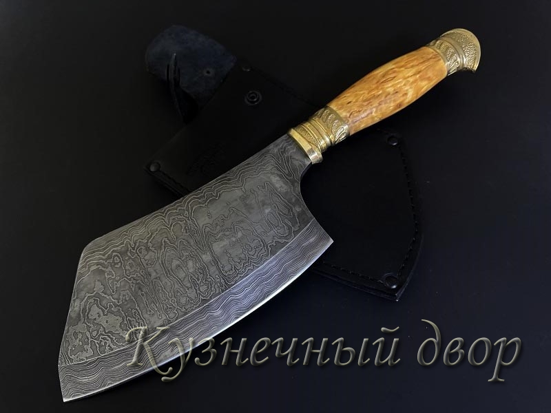 Тяпка "Мясная", сталь-дамаск, рукоять-мельхиор, карельская береза.