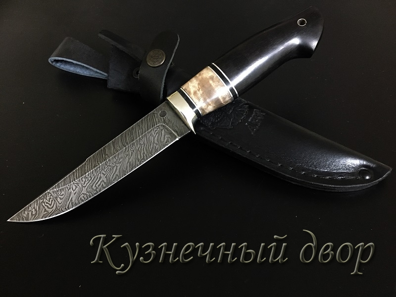 Нож "Койот" сталь- дамаск, рукоять- мельхиор, карельская береза, черный граб. 