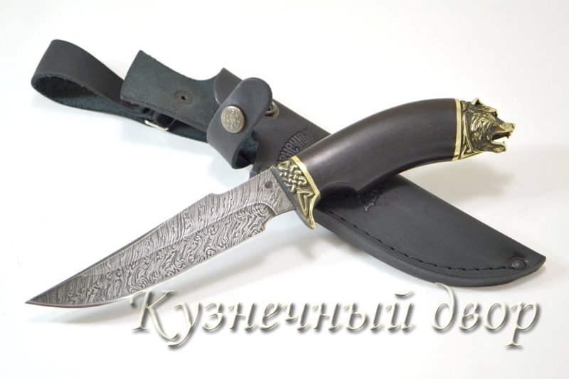Нож "Лидер" сталь- дамаск, рукоять- художественное литье (медведь), черный граб.