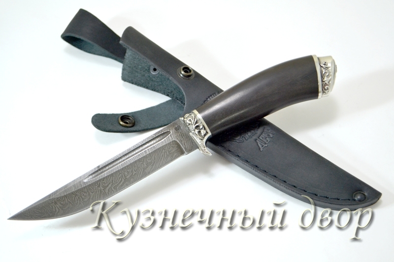 Нож "Якут" сталь-дамаск, рукоять- художественное литье из мельхиора, черный граб.