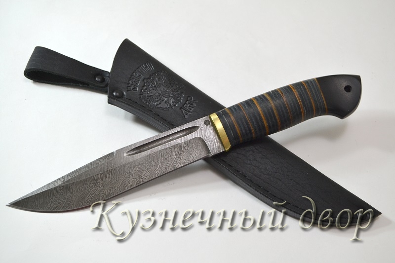 Нож "Варан" сталь-дамаск, рукоять- латунь, наборная кожа, черный граб.