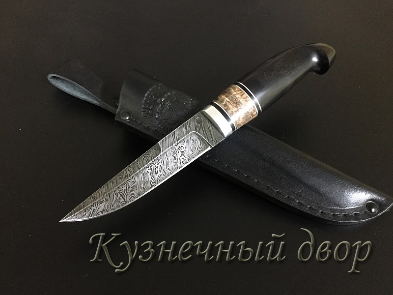 Нож "Финский" сталь- дамаск, рукоять- мельхиор, карельская береза, черный граб.