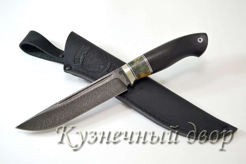 Нож "Егерь" сталь- дамаск, рукоять- мельхиор, карельская береза, граб.
