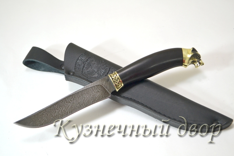 Нож "Кайман" сталь- дамаск, рукоять- художественное литье из латуни, черный граб.