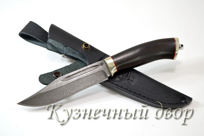 Нож "Сибирь" сталь- дамаск, рукоять-мельхиор, фибра, черный граб.
