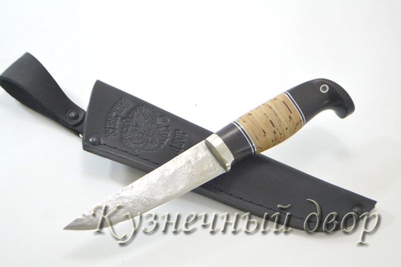 Нож "Финский" сталь- 9ХС, рукоять- мельхиор, черный граб, береста.