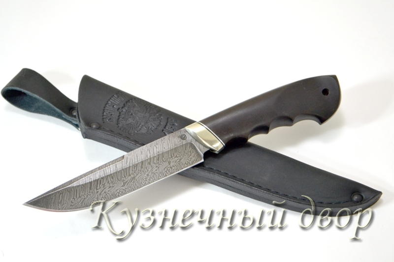 Нож "Тайга" сталь-дамаск, рукоять- мельхиор, черный граб.