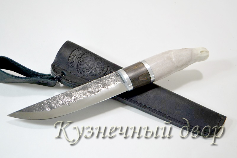 Нож "Якутский" сталь Х12МФ кованая, рукоять-дюраль, стабилизированная карельская береза, кость с худ.оформлением