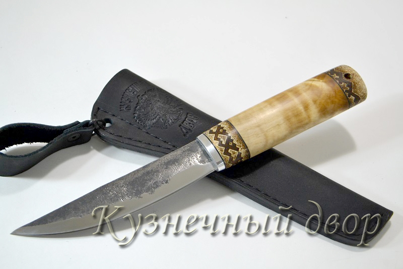 Нож "Якутский" сталь Х12МФ кованая, рукоять-березовый кап, кость с художественным оформлением.